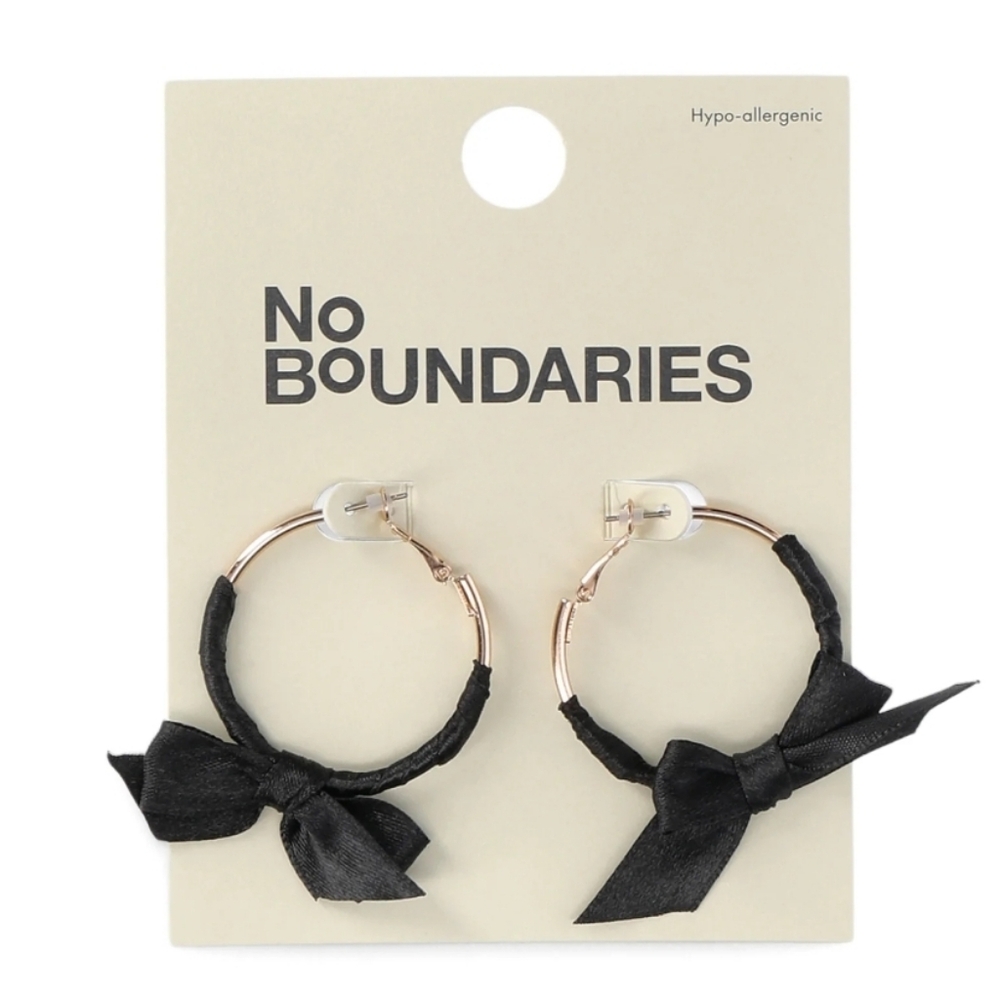 No Boundaries Black Fabric Bow Gold Hoop Earrings